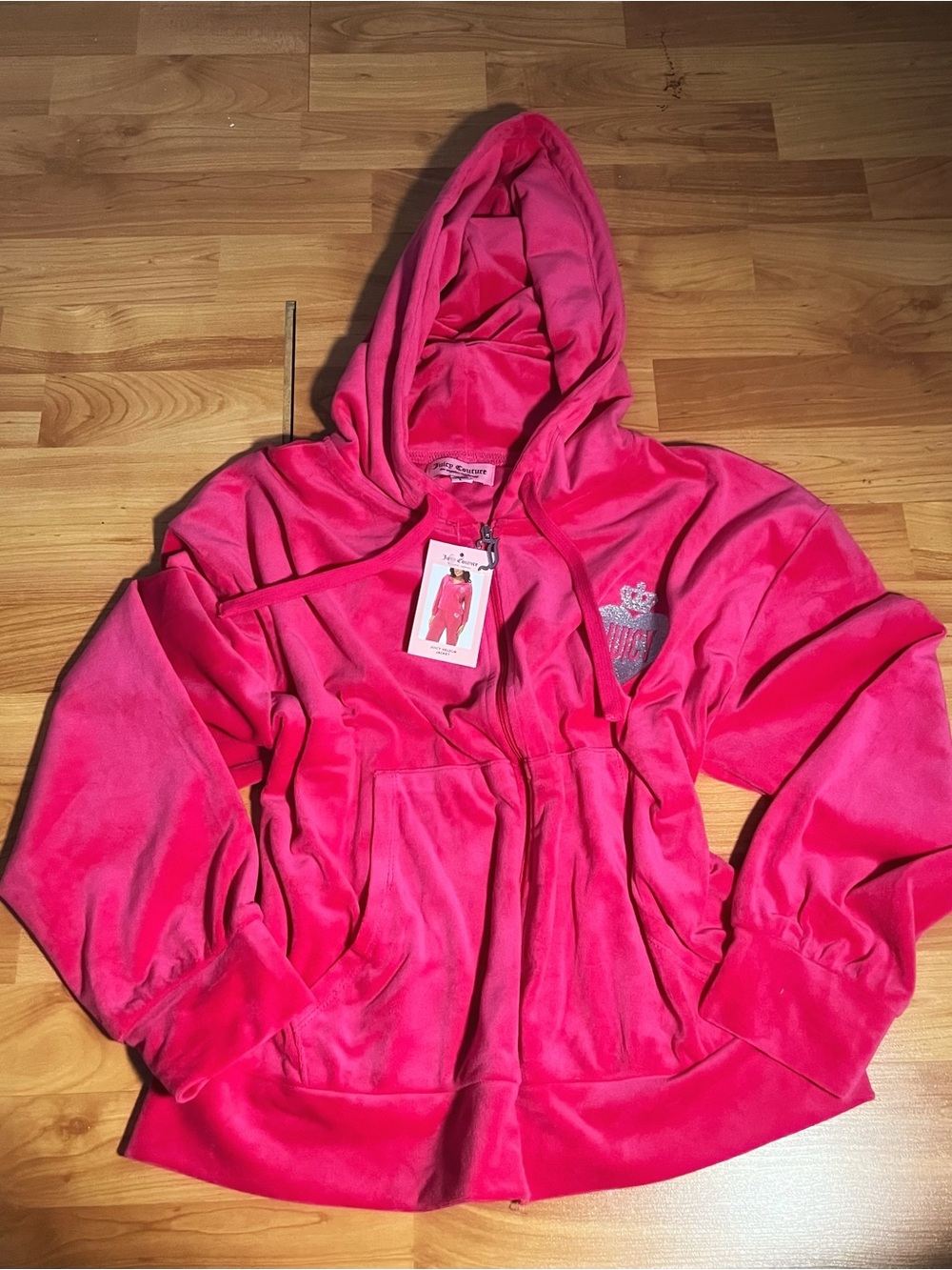 Juicy Couture Bright Pink Velour Zip Hoodie with Crown Embellishment